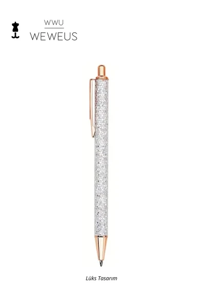 Weweus Beyaz Rose Detaylı Acık Gri Simli Lüks Tükenmez Kalem ürün görseli