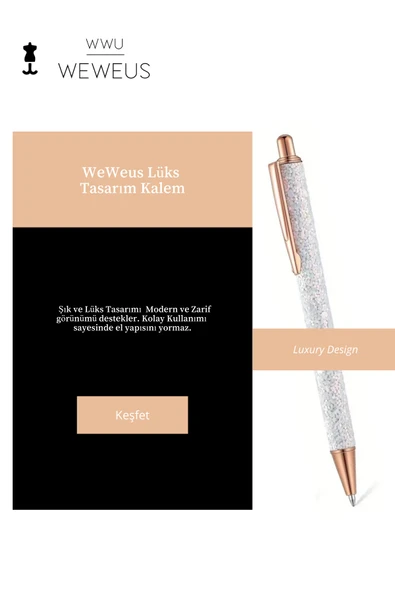 Weweus Beyaz Rose Detaylı Beyaz Simli Lüks Tükenmez Kalem - Resim 2