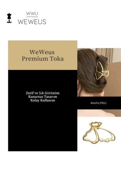 Weweus Kadın Gold Altın Renk Parlak Kelebek Premium Toka - 2