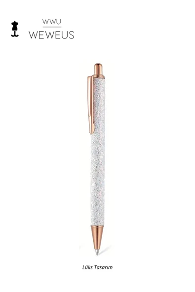Weweus Beyaz Rose Detaylı Beyaz Simli Lüks Tükenmez Kalem ürün görseli