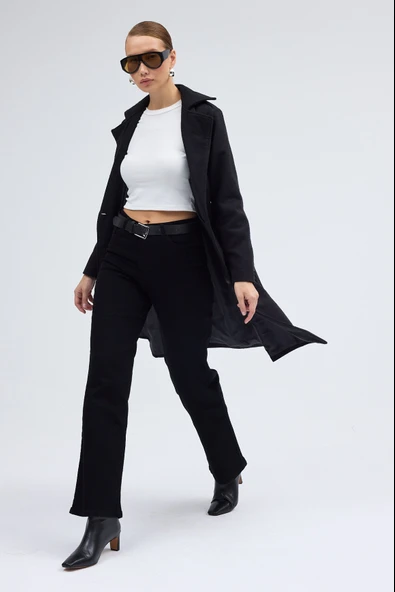 Aksesuarlı Kaşe Kaban Kemer Detaylı - 5