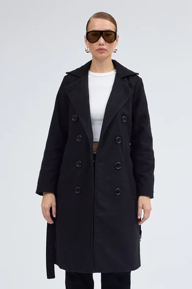 Aksesuarlı Kaşe Kaban Kemer Detaylı - 4