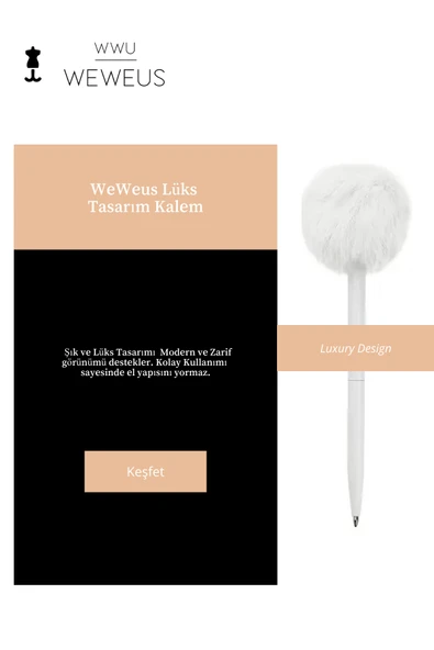 Weweus Beyaz Rose Tüylü Ponpon Lüks Tükenmez Kalem - Resim 3