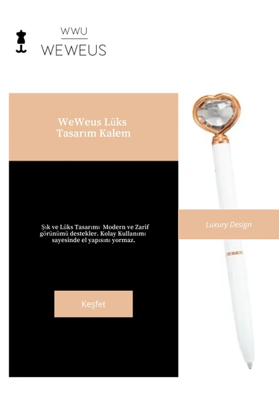 Weweus Beyaz Rose Detaylı Kristal Kalpli Lüks Tükenmez Kalem - Resim 3
