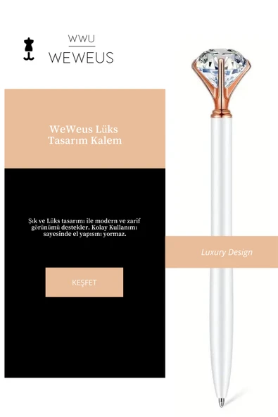 Weweus Beyaz Rose Detaylı Kristal Şekil Lüks Tükenmez Kalem - Resim 3