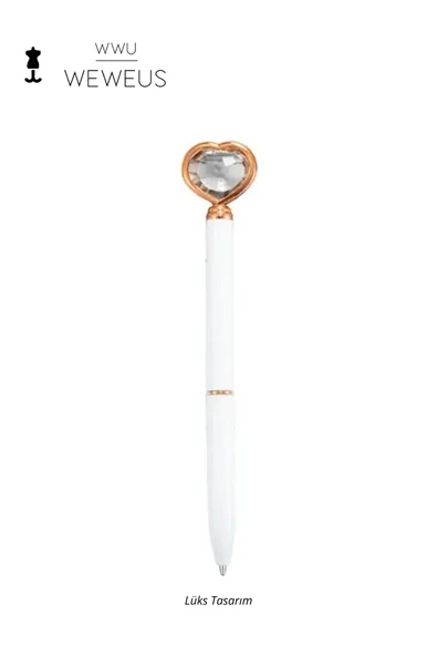 Weweus Beyaz Rose Detaylı Kristal Kalpli Lüks Tükenmez Kalem ürün görseli