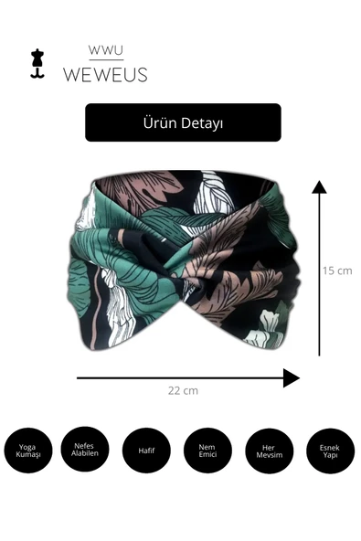 Weweus Kahve Siyah Yeşil Yaprak Desen Premium Kadın Saç Bandı - 4
