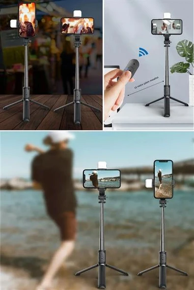 Kendiliğinden Işıklı Masaüstü Tripod Olabilen Telefon Tutuculu Kablosuz Kumandalı Selfie Çubuğu - Resim 10