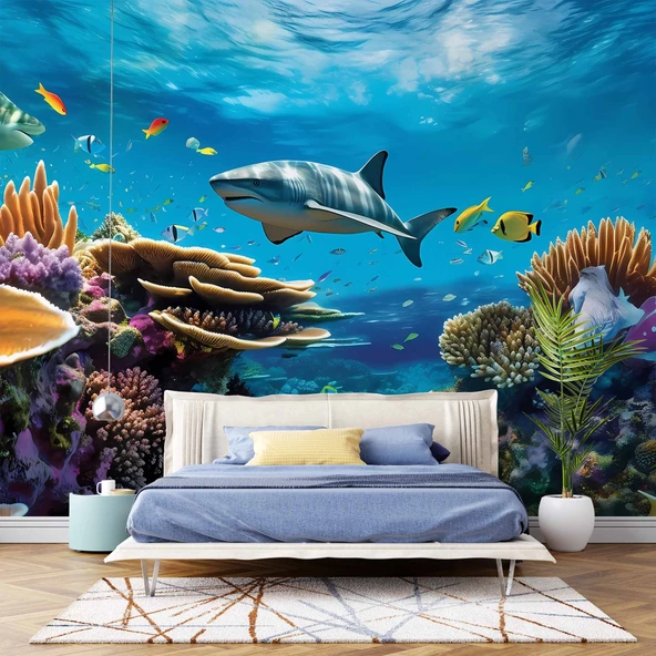 Köpek Balığı ve Mercan Manzaralı Duvar Kağıdı - Resim 2