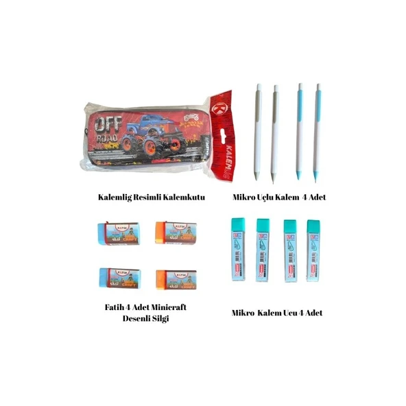Okul Seti ( Kalemlig Kalemkutu - 4 Adet Mikro Kalem - 4 Adet Fatih Minicraft Silgi - 4 Adet Mikro Kalem Ucu) ürün görseli
