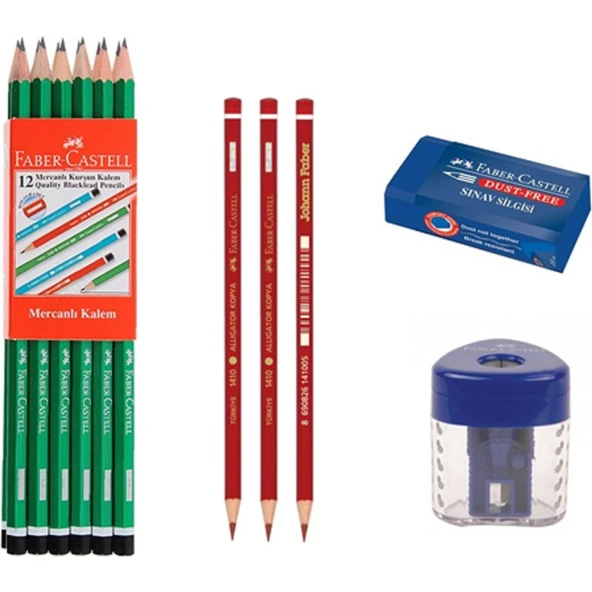 Faber-Castell Kurşun Kalem 12'li + Kırmızı Kalem 3'lü + Silgi + Kalemtraş ürün görseli