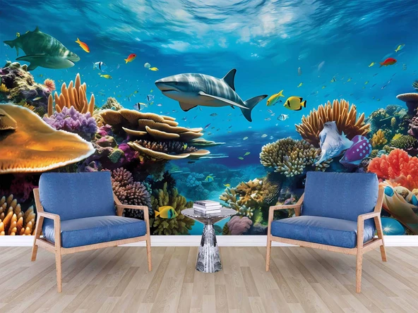 Köpek Balığı ve Mercan Manzaralı Duvar Kağıdı - Resim 6