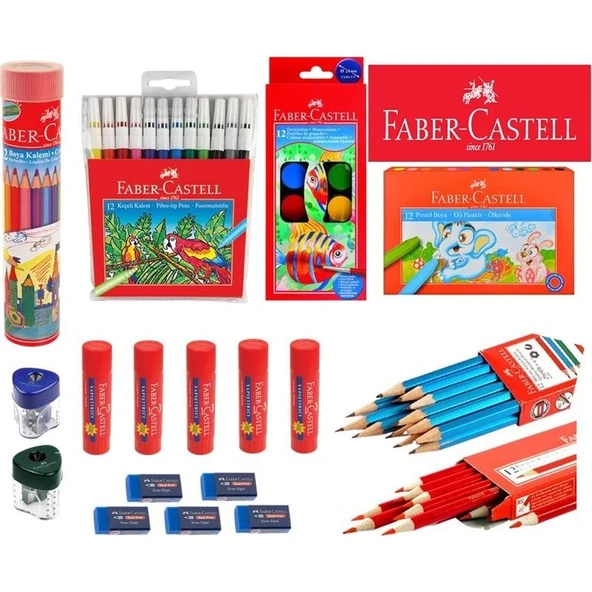 Faber-Castell Okul ve Öğrenci Boya Kırtasiye Seti 1 Adet Çok Renkli Desenli Kapaklı Çeşitli Boyutlar
