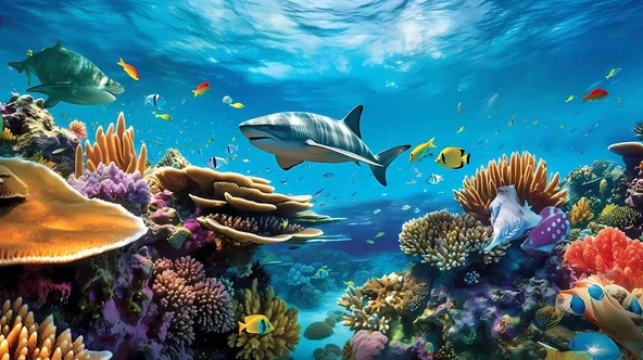 Köpek Balığı ve Mercan Manzaralı Duvar Kağıdı - Resim 7