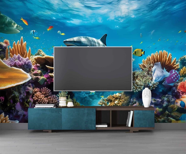 Köpek Balığı ve Mercan Manzaralı Duvar Kağıdı - Resim 3