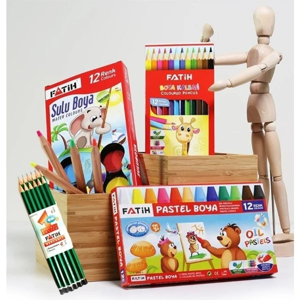 Fatih Okul Seti - Pastel Boya + Kuru Boya + Sulu Boya + 12 Adet Kalem Fatih Kırtasiye