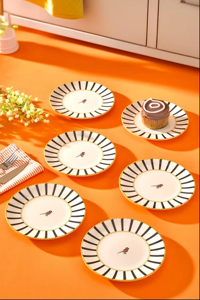 6 lı Pasta Sunum Tabağı Seti - Lüks Modern Kuş Desenli Çizgili Kek Tatlı Kurabiye Tabak Takımı - 17 cm ürün görseli 1