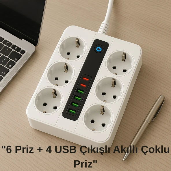6’lı Priz + 4 USB Çıkışlı Akıllı Çoklu Grup Priz Anahtarlı ve Güvenli Uzatma Kablosu