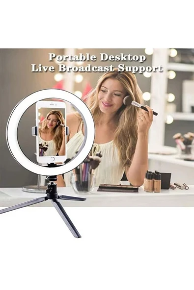 LED Işıklı Telefon Tutuculu Masaüstü Tripod  Canlı Yayın, Video ve Makyaj İçin Halkalı Ring Light - 5