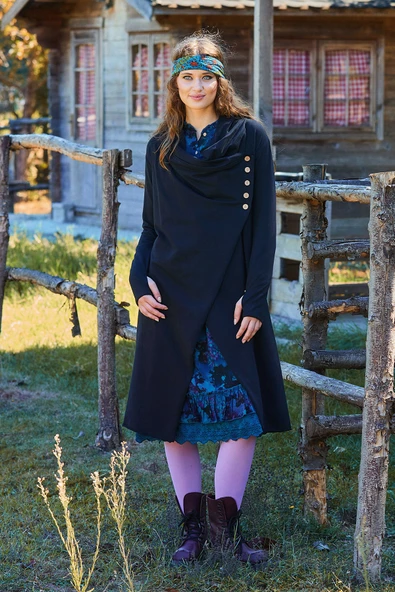 Parmak Geçmeli Düğme Detaylı Kapşonlu Hırka - 2