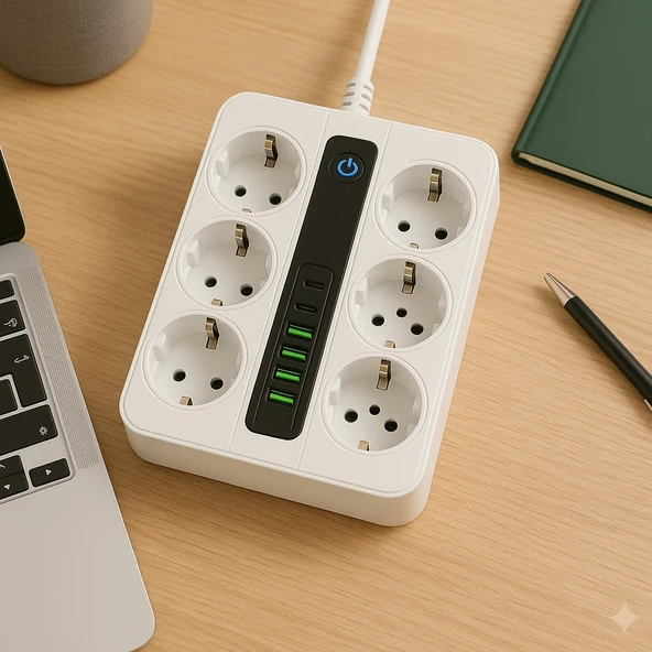 6’lı Priz + 4 USB Çıkışlı Akıllı Çoklu Grup Priz Anahtarlı ve Güvenli Uzatma Kablosu - 7