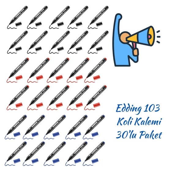 Edding Permanent Markör E-103  Mavi Siyah Kırmızı 30’lu Paket - 1