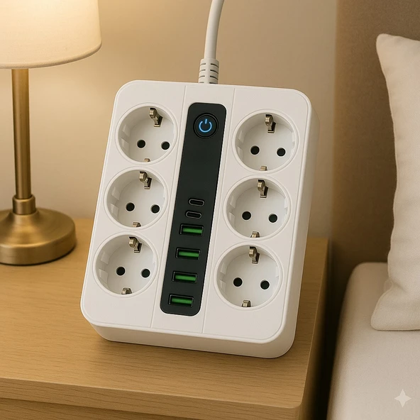 6’lı Priz + 4 USB Çıkışlı Akıllı Çoklu Grup Priz  Anahtarlı ve Güvenli Uzatma Kablosu - 6