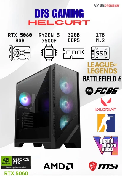 DFS GAMING HELCURT RYZEN 5 7500F-B650M-RTX 5060-32GB DDR5 RAM-1TB M.2 SSD-OYUNCU BİLGİSAYARI ürün görseli