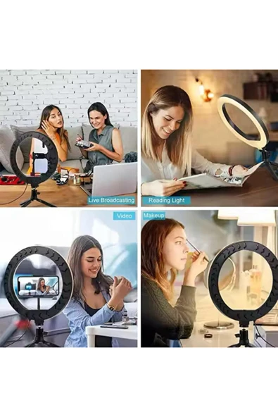 LED Işıklı Telefon Tutuculu Masaüstü Tripod  Canlı Yayın, Video ve Makyaj İçin Halkalı Ring Light - 7