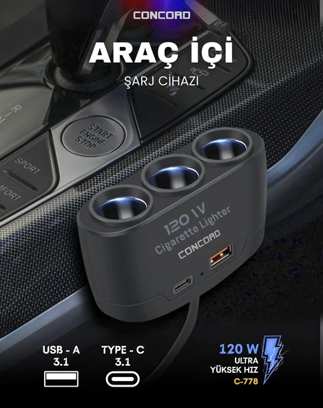 CONCORD C-778 120W  Çakmaklık Çoğaltıcı + Type-C + USB  Çıkışlı - 2