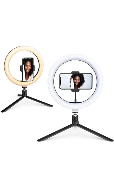 LED Işıklı Telefon Tutuculu Masaüstü Tripod  Canlı Yayın, Video ve Makyaj İçin Halkalı Ring Light - 4