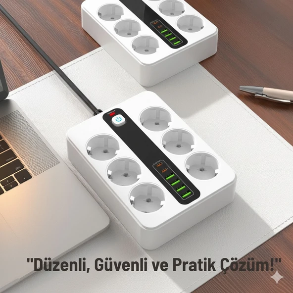 6’lı Priz + 4 USB Çıkışlı Akıllı Çoklu Grup Priz Anahtarlı ve Güvenli Uzatma Kablosu - 2