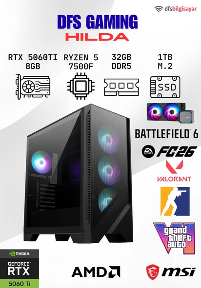 DFS GAMING HILDA RYZEN 5 7500F-B650M-RTX 5060 TI 8GB -32GB DDR5 RAM-1TB M.2 SSD-OYUNCU BİLGİSAYARI ürün görseli