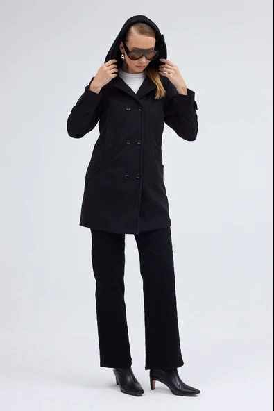 Yaka Detaylı Büyük Düğmeli Kaşe Kaban - 6