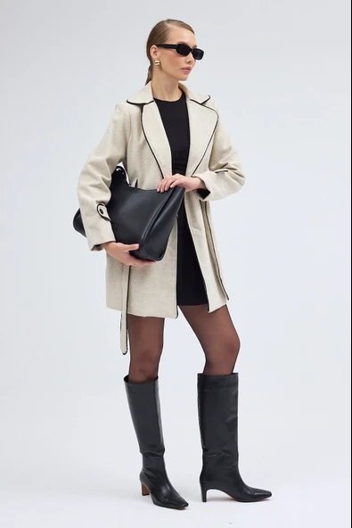 Kaşe Kadın Şık Yaka Kaban ve Kemer - Resim 3