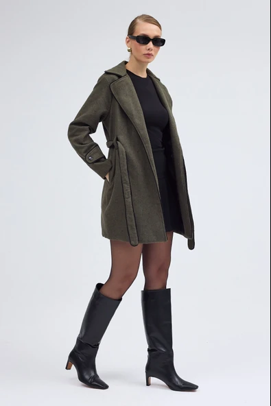 Kaşe Kadın Şık Tasarım Yaka Kaban ve Kemer - Resim 7