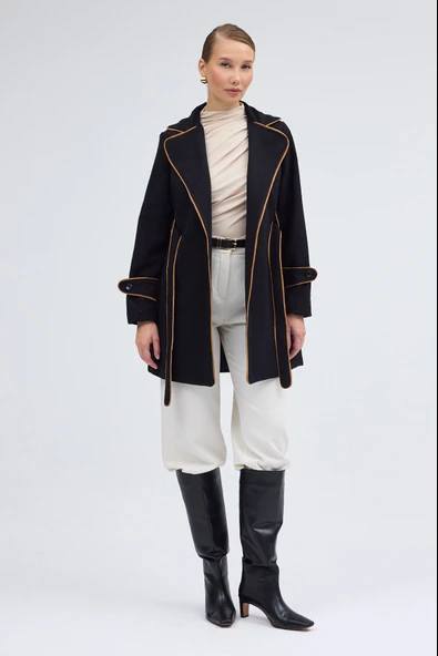 Kaşe Kadın Şık Yaka Kemerli Kaban ürün görseli 1