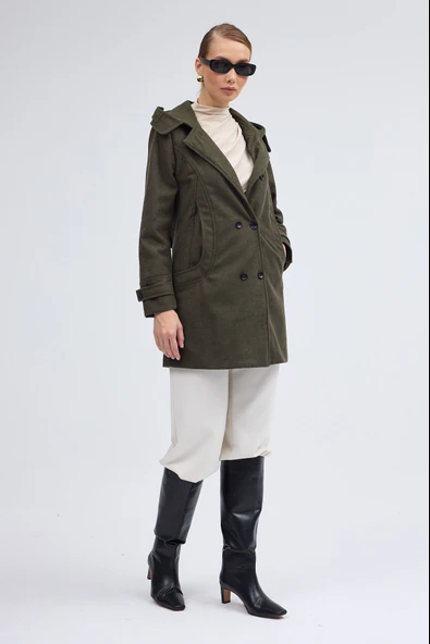 Yaka Detaylı Büyük Düğmeli Kaşe Kaban - Resim 6