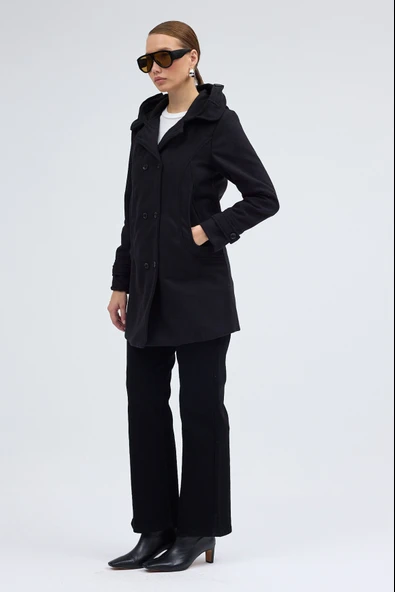 Yaka Detaylı Büyük Düğmeli Kaşe Kaban - Resim 5