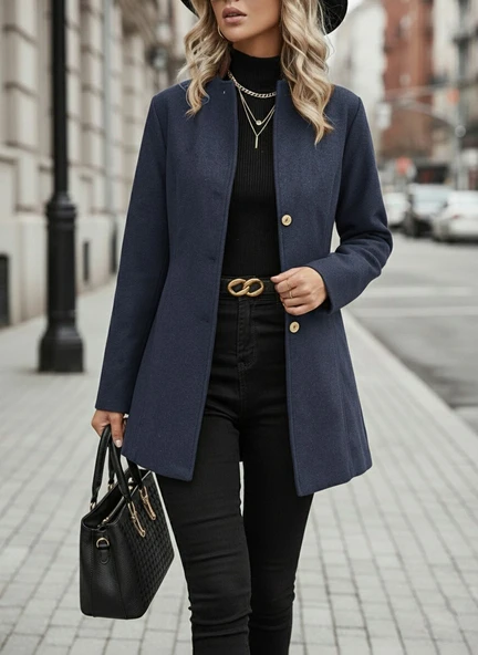 Tasarım Yaka Lacivert Kaşe Kaban ürün görseli 1