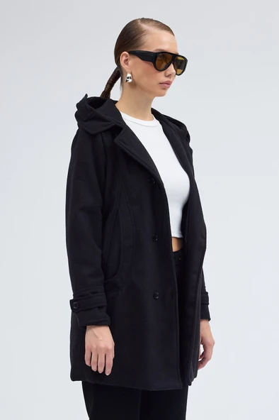 Yaka Detaylı Büyük Düğmeli Kaşe Kaban - Resim 2