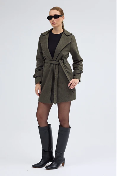 Kaşe Kadın Şık Tasarım Yaka Kaban ve Kemer - Resim 8