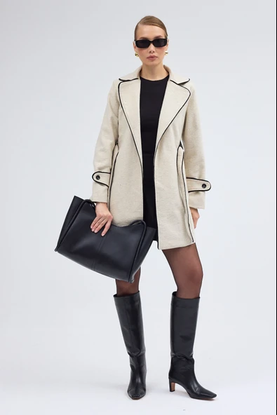 Kaşe Kadın Şık Yaka Kaban ve Kemer - Resim 4