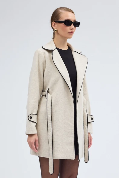 Kaşe Kadın Şık Yaka Kaban ve Kemer - Resim 7