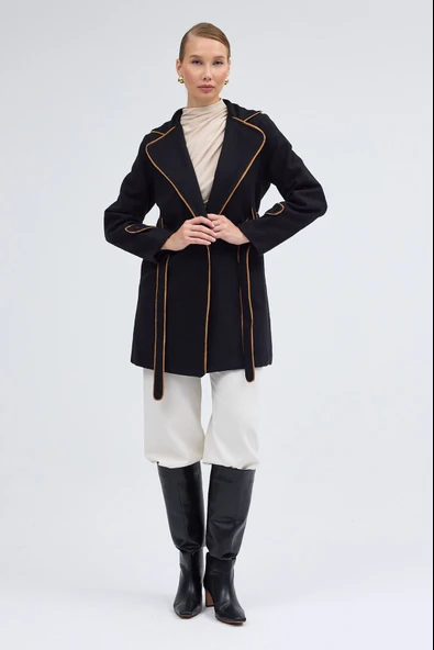 Kaşe Kadın Şık Yaka Kemerli Kaban - Resim 7