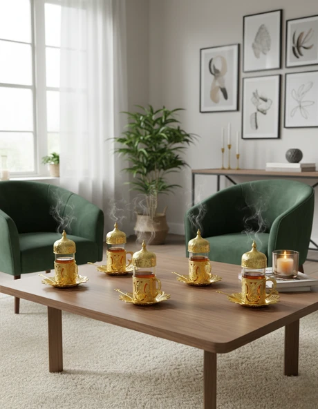 BUSEM Ahsen 6 Kişilik 24 Parça Altın Renkli Çay Bardağı Seti