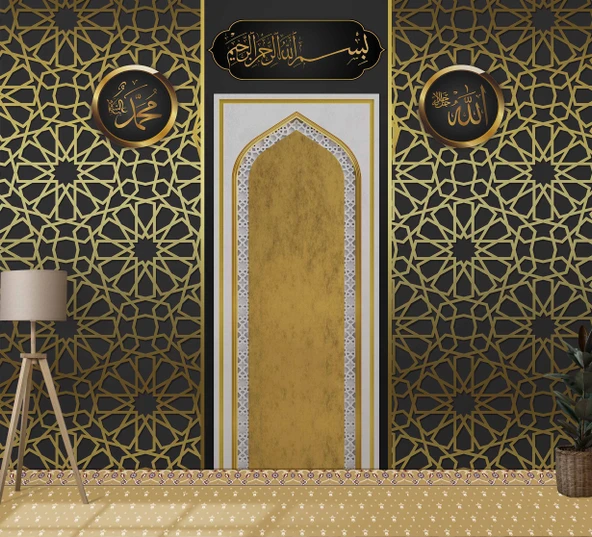 Siyah İslami Dini Mihrap Duvar Kağıdı ürün görseli