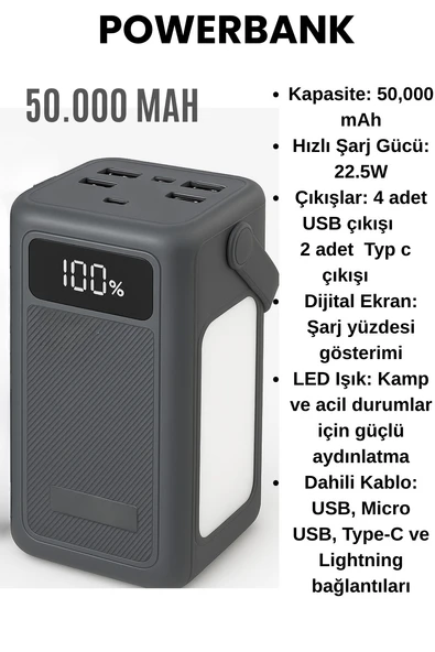 50.000 mAh Taşınabilir Powerbank  22.5W Hızlı Şarj, Çoklu USB & Type-C Çıkışlı, LED Işıklı, Dijital Ekranlı - 1