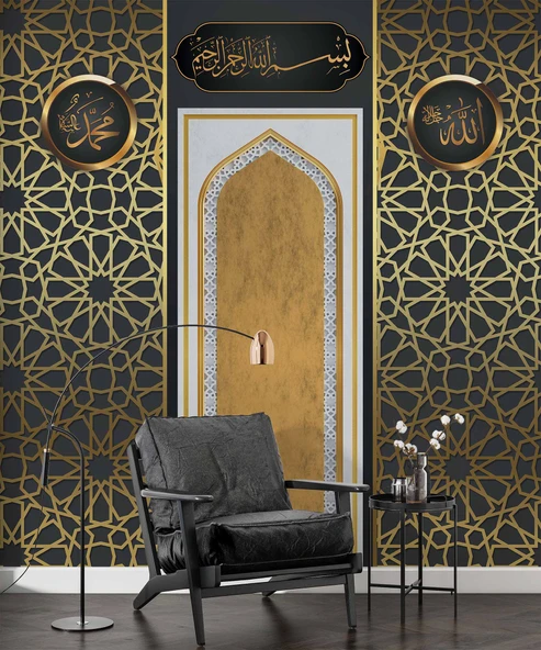 Siyah İslami Dini Mihrap Duvar Kağıdı - Resim 2