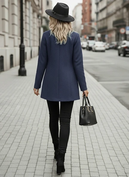 Tasarım Yaka Lacivert Kaşe Kaban - Resim 3